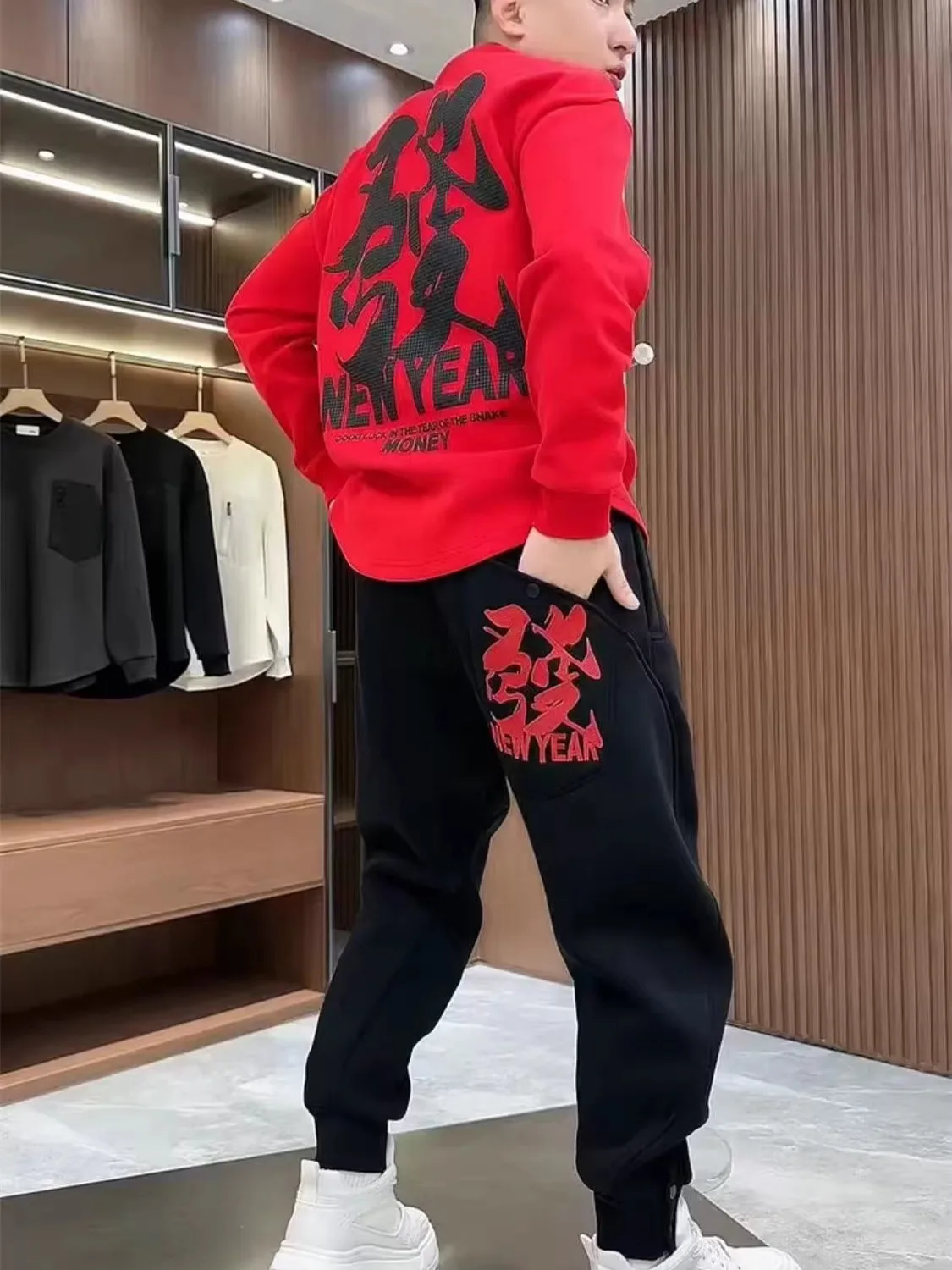 

Men's Winter Thiened Fce Casual Set Couple Sle Hoodie Knife Pants Two-Piece Suit New Year Faion Comfortable Cotton B...