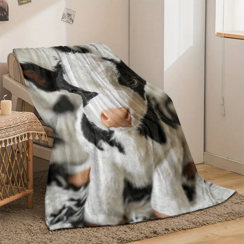 Manta de franela con estampado de vacas acogedora, forro polar de poliéster suave y cálido para viajes de sofá cama