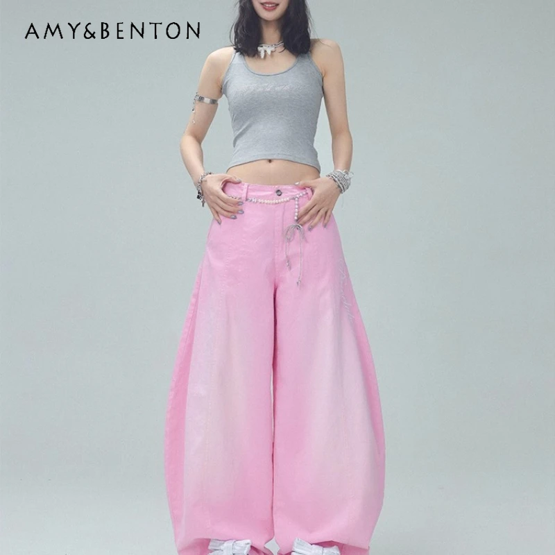 

Spring Summer New Pink Three-Dimensional Bow Pure Cotton Women's Jeans Original Design Loose Versatile Casual Long Pants Ladies