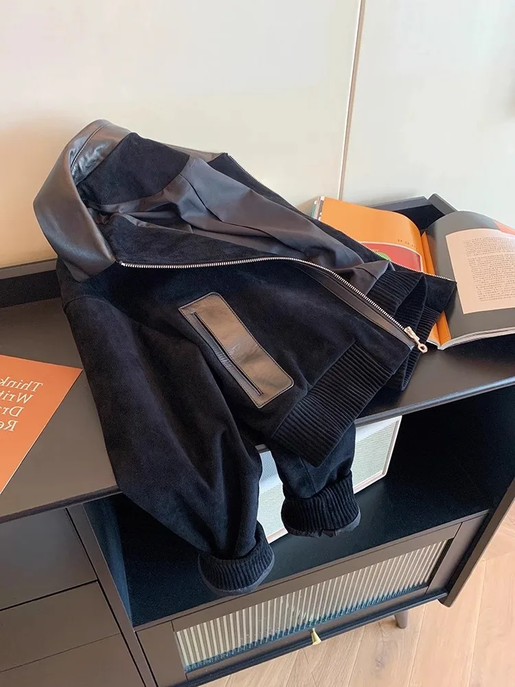 เสื้อท็อปทรงเข้ารูป ปกหนังแบบแพทช์เวิร์ค วินเทจ หนังกลับหรือหนังแท้ สำหรับผู้หญิง สไตล์หรูหรา ให้ความรู้สึกพรีเมียม เหมาะสำหรับฤดูใบไม้ผลิและฤดูใบไม้ร่วง