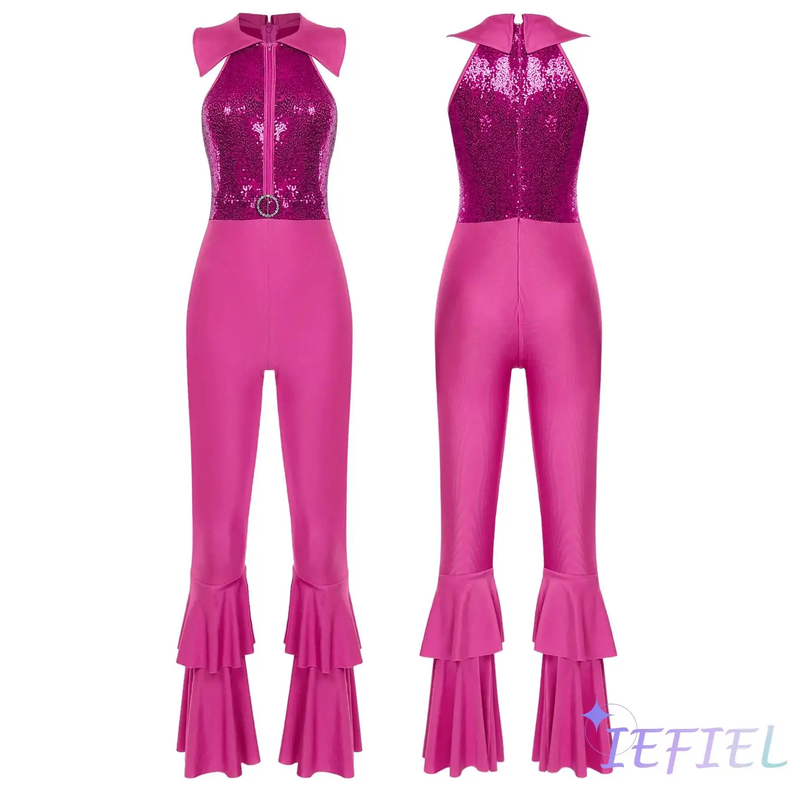 

Women Sequins Sleeveless Jazz Modern Dance Jumpsuit Turn-Down Collar Tiered Bell-Bottom Bodysuit Disco Theme Party Rompers