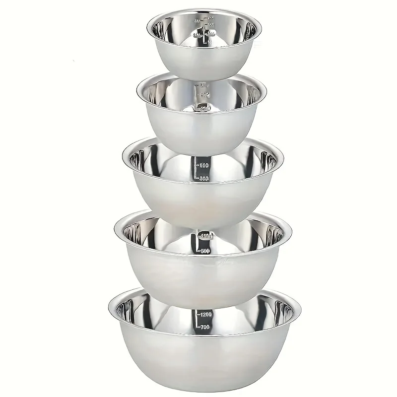 

5-Piece Stainless Steel Mixing Bowls Set - Various Sizes with Scale Inside, Mirrored Metal Salad Bowls, Deeper Rim Design