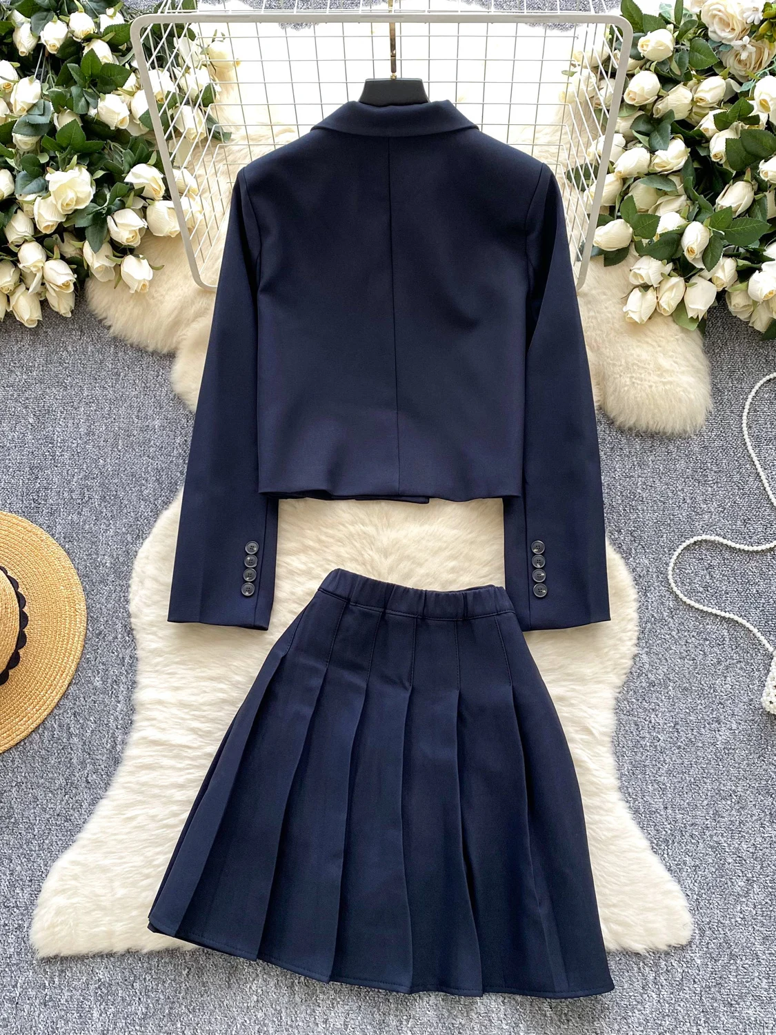 Retro Briti Sle Dames Faion Set Hoge Taille Geplooide Ort Rok Lange Sve Pak Jaet Herfst Seizoen Veelzijdige Kleding