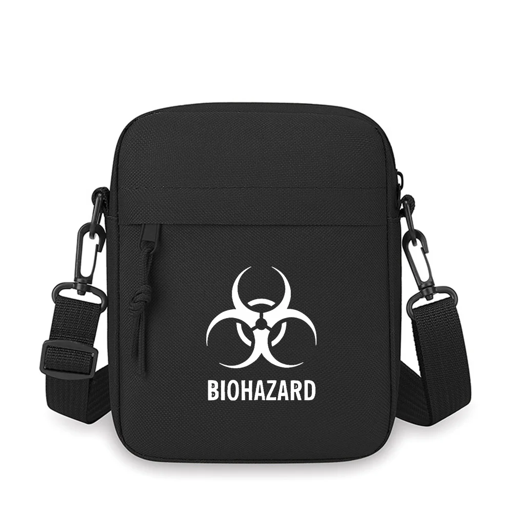 White biohazard symbol and text on black Men Crossbody Bag Single Shoulder Women Cartoon Anime Film Printing Design Unisex