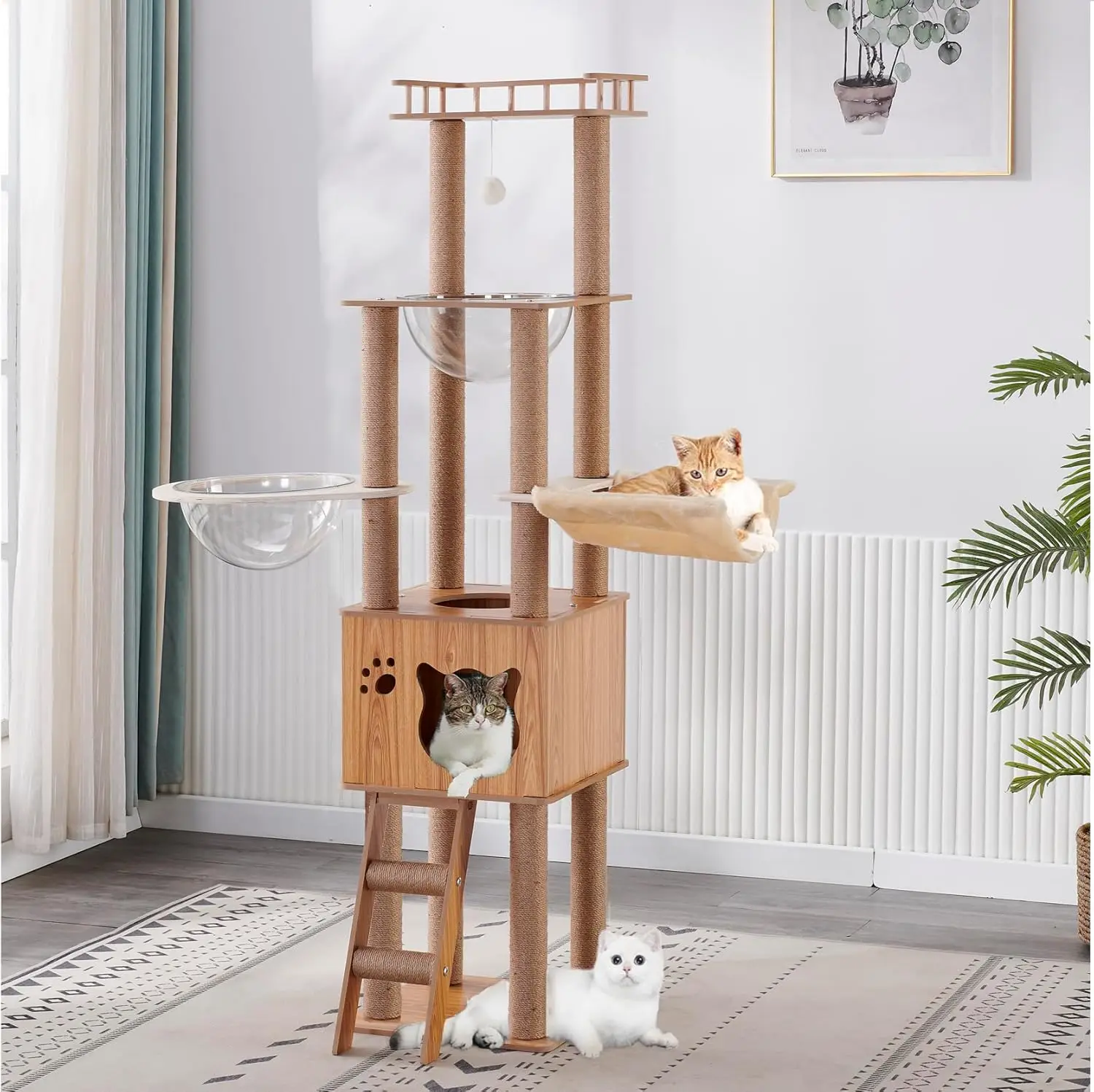 

61'' Wooden cat Tree with cat Condo, Cat Stairs Scratching Posts, 2 Bowl,Sisal Scratching Posts,Cozy Cat Hammock and Top