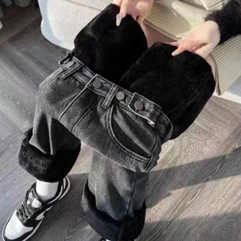 

Женские плюшевые утолщенные теплые широкие джинсы с регулируемой талией, утягивающие драпированные прямые джинсовые брюки в стиле ретро на флисовой подкладке