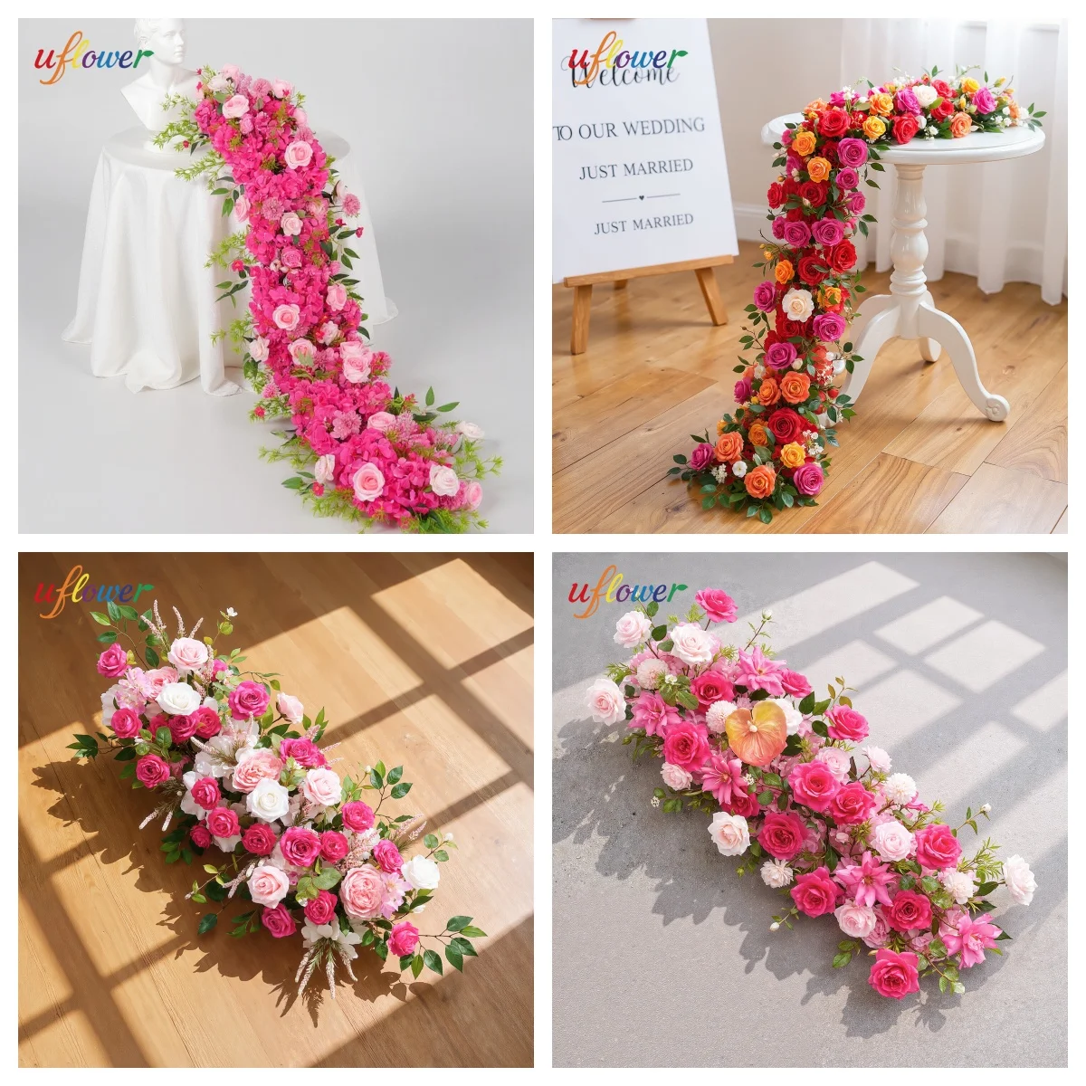 

Uflower Pink Rose Flower Row Wedding Table Centerpiece Backdrop Decor Floor Flower Runner Event Floral Strip Arrangement Props