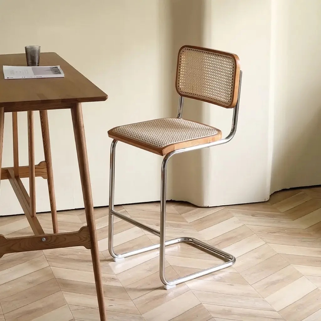 Retro Rattan Bar Stool, Counter Stool with Metal Frame , Stylish Bar Chair for Kitchen Island, Home Bar Mid-Century Modern Decor