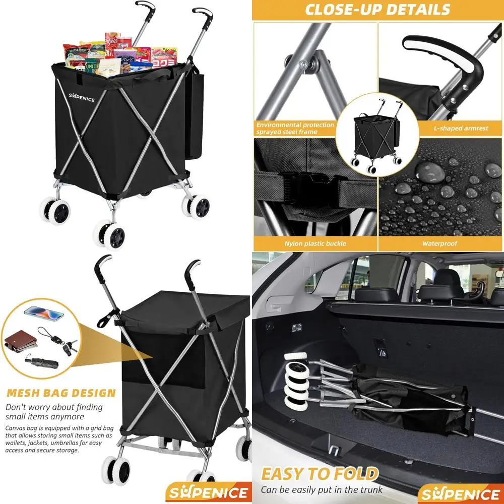 

Foldable Rolling Shopping Cart for Groceries with 360° Swivel Wheels, Waterproof Removable Canvas Liner, and Long-Lasting Durabi