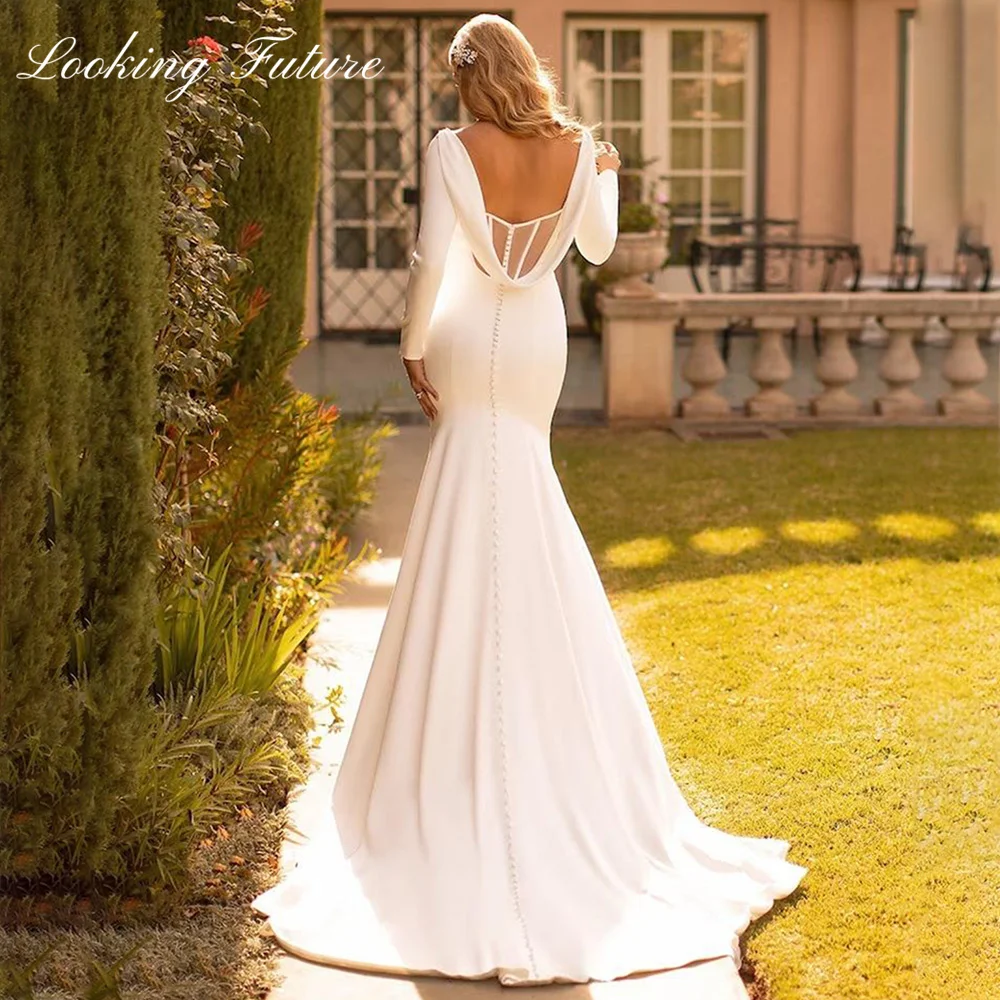 Robe de Mariée Sirène Élégante Personnalisée en Satin, Dos aux, Col Rond, pour Patients, Simple, Blanche, Manches sulf, Traîne de Balayage, 2025