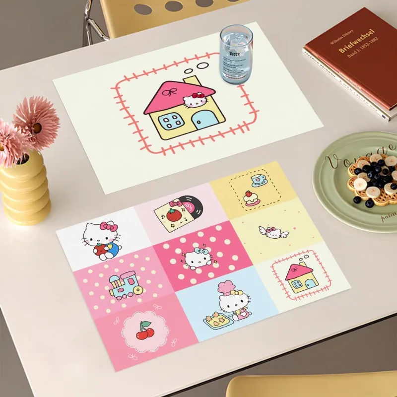 Japanese Sanrio Hello Kitty Kawaii Leather Placemat Heat Insulation Table Mat Waterproof Oil Proof Coffee Mat Dish Coaster Home