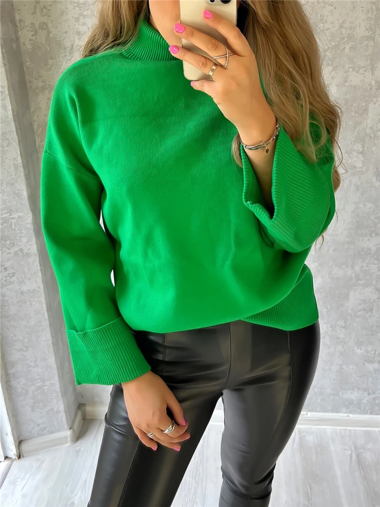 Orange Casual Loose Women\'s Turtleneck Sweaters Autumn Winter 2022 New Solid Long Flare Sleeve Pullover Elegant Sweater Female