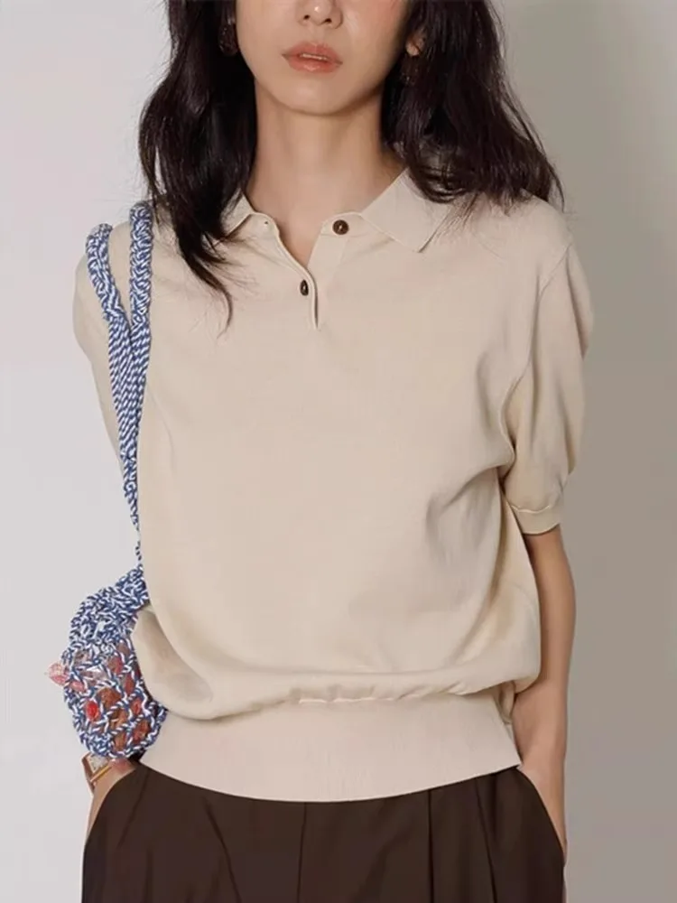 เสื้อไหมน้ำแข็งถักลายดีไซน์เฉพาะตัว แขนสั้น ทรงเกาหลี แฟชั่นฤดูร้อนสำหรับผู้หญิง ผ้าบางเบา ใส่สบาย