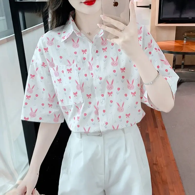 Minimalist Summer Blouses Women\'s Patchwork Printed Pocket Loose Casual All-match Polo Collar Short Sleeve Single-breasted Shirt