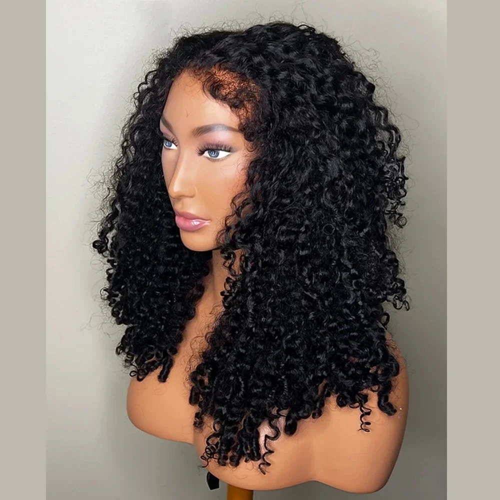 Soft 26Inch 180Density Natural Black Long Glueless Kinky Curly Deep Lace Front Wig For Women With Baby Hair Preplucked Daily