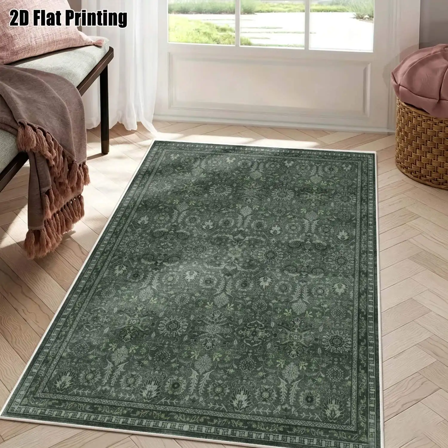 1Pc 2D Printed Deep Gray Retro Floral Velvet Carpet, Machine Washable, Multi-Size for Multi-Scene Use