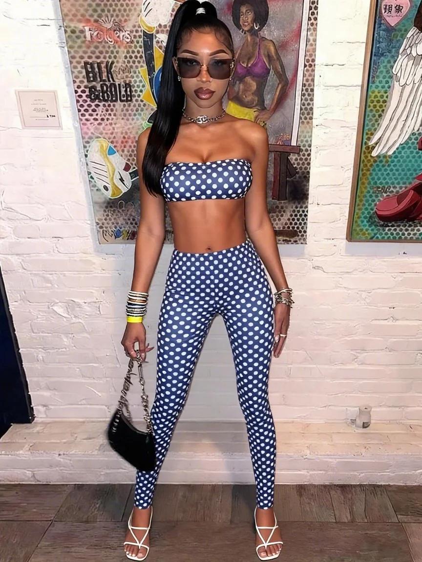 Sisterlinda Dot Print Sexy 2 Piece Set Women Tracksuit Backless Halter Tank Tops+Leggings Matching Streetwear Stretch Outfits