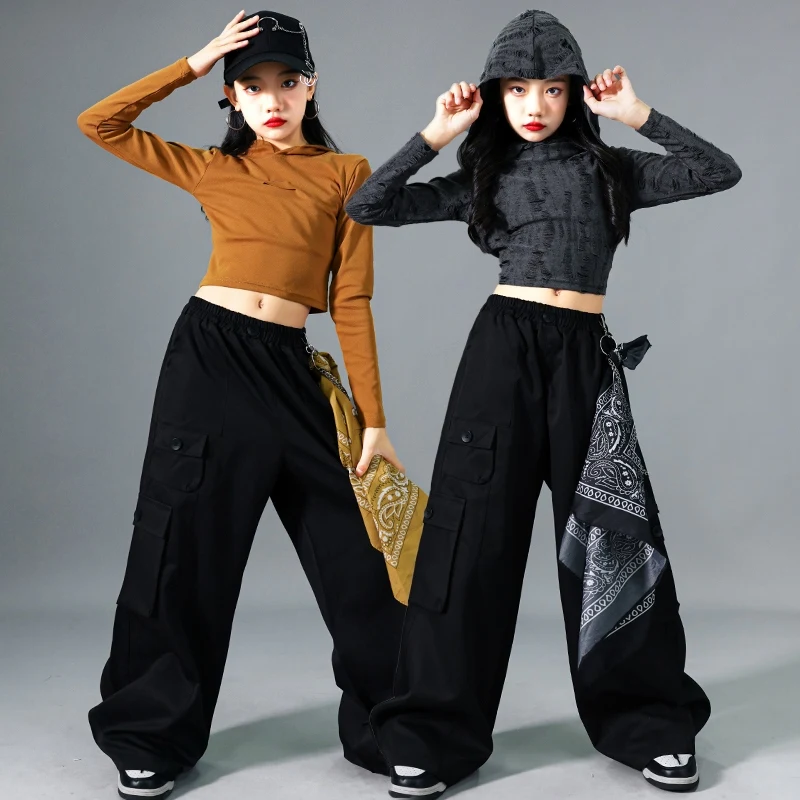 

Cool Kids Jazz Dance Stage Costume Girls Kpop Hip Hop Dance Clothing Children Fashion Clothes Casual Streetwear Black Pants 1004