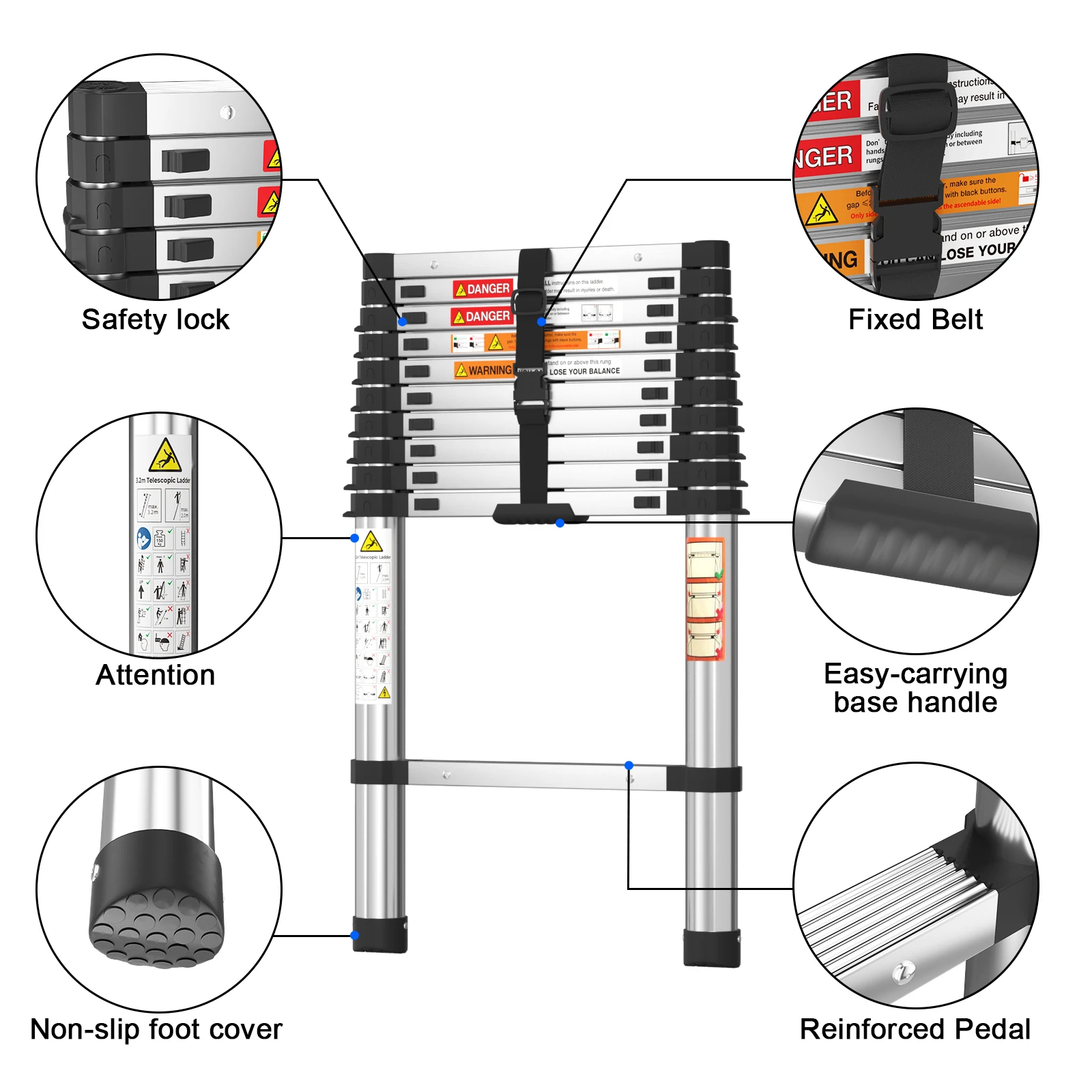 Telescopic Ladder 10.5 FT 3.2M Multi-Purpose Stainless Steel Extendable with Anti-Slip Feet,EN131 Portable Sturdy Loft Ladder