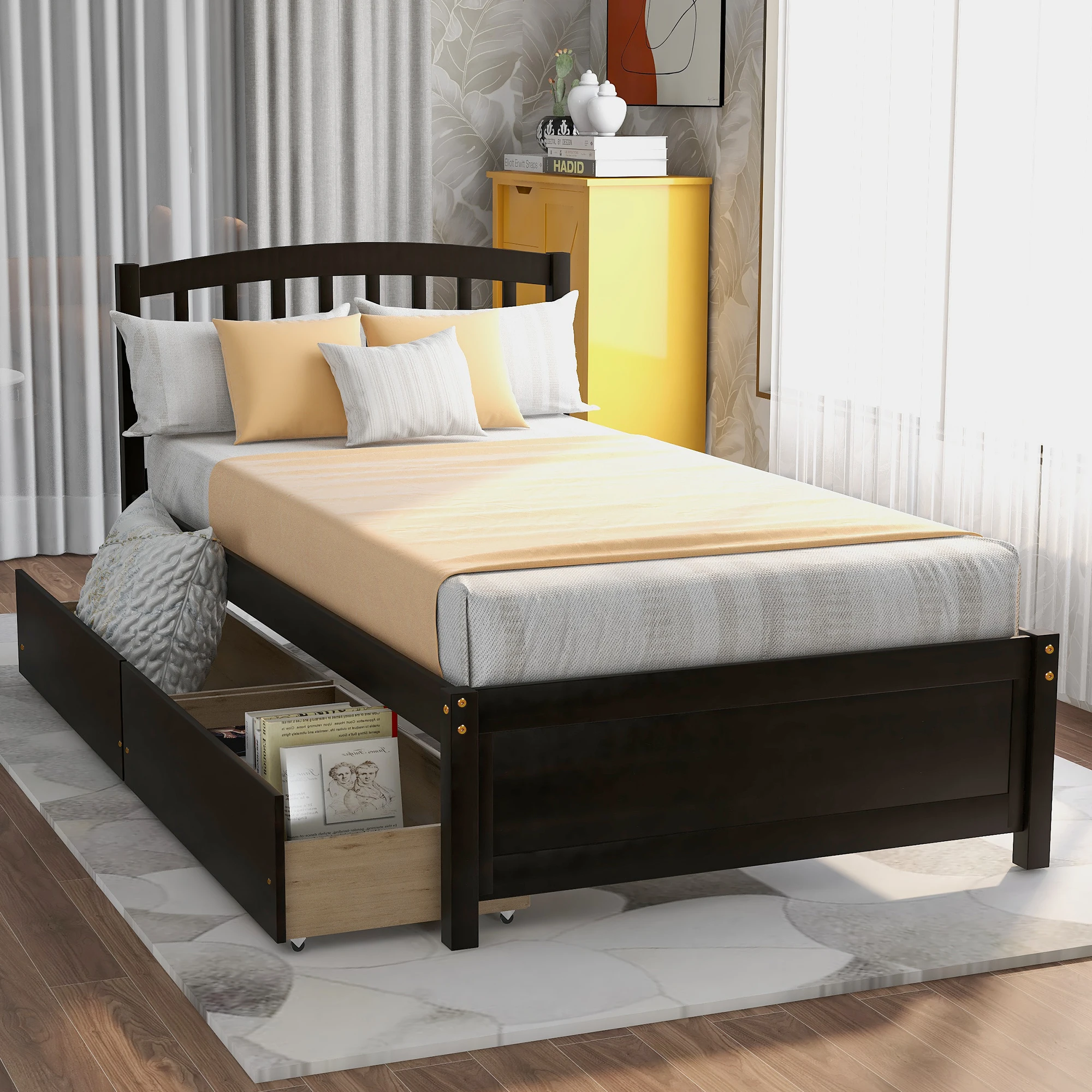 

Espresso Twin Platform Storage Bed with Headboard, Two Drawers, Solid Wood Frame 79.50x41.70x37.50 in.