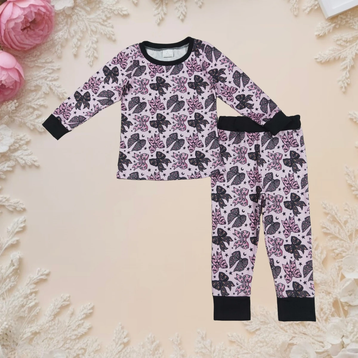 

Cute Baby Girl 2Pcs Pajamas Set Long Sleeve Pullover with Bow Stars Black Pink Spring Fall Homewear for Toddler Kids Cozy Outfit