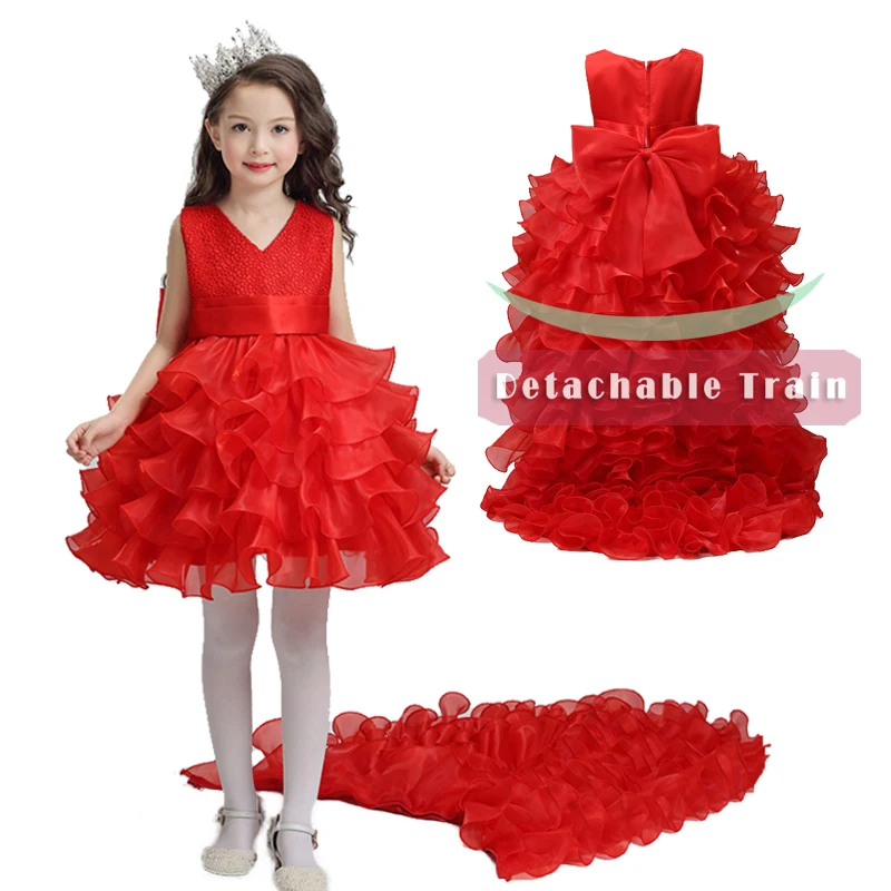 Tiered Detachable Train Baby Flower Girls Organza Party Dress for Wedding Lilac Christmas Ceremony Dress for 1-14Y Kids