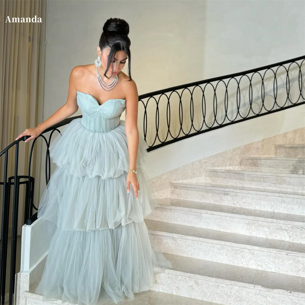 Amanda Customized Tulle Strapless robes de soirée V Neck Mulitlayer Floor-Length Evening Dresses Cocktail Party Wedding Dress