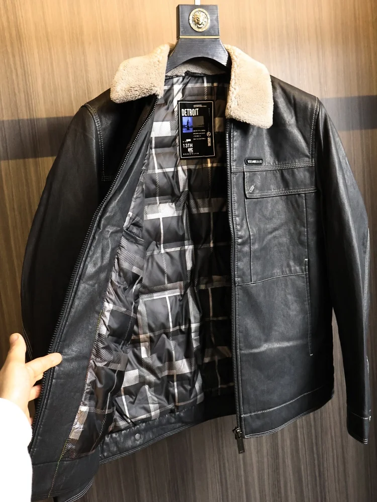 

Мужская модная теплая куртка из кожи с бархатным воротником из кожи ягненка, осенне-зимняя верхняя одежда, однотонная стойка