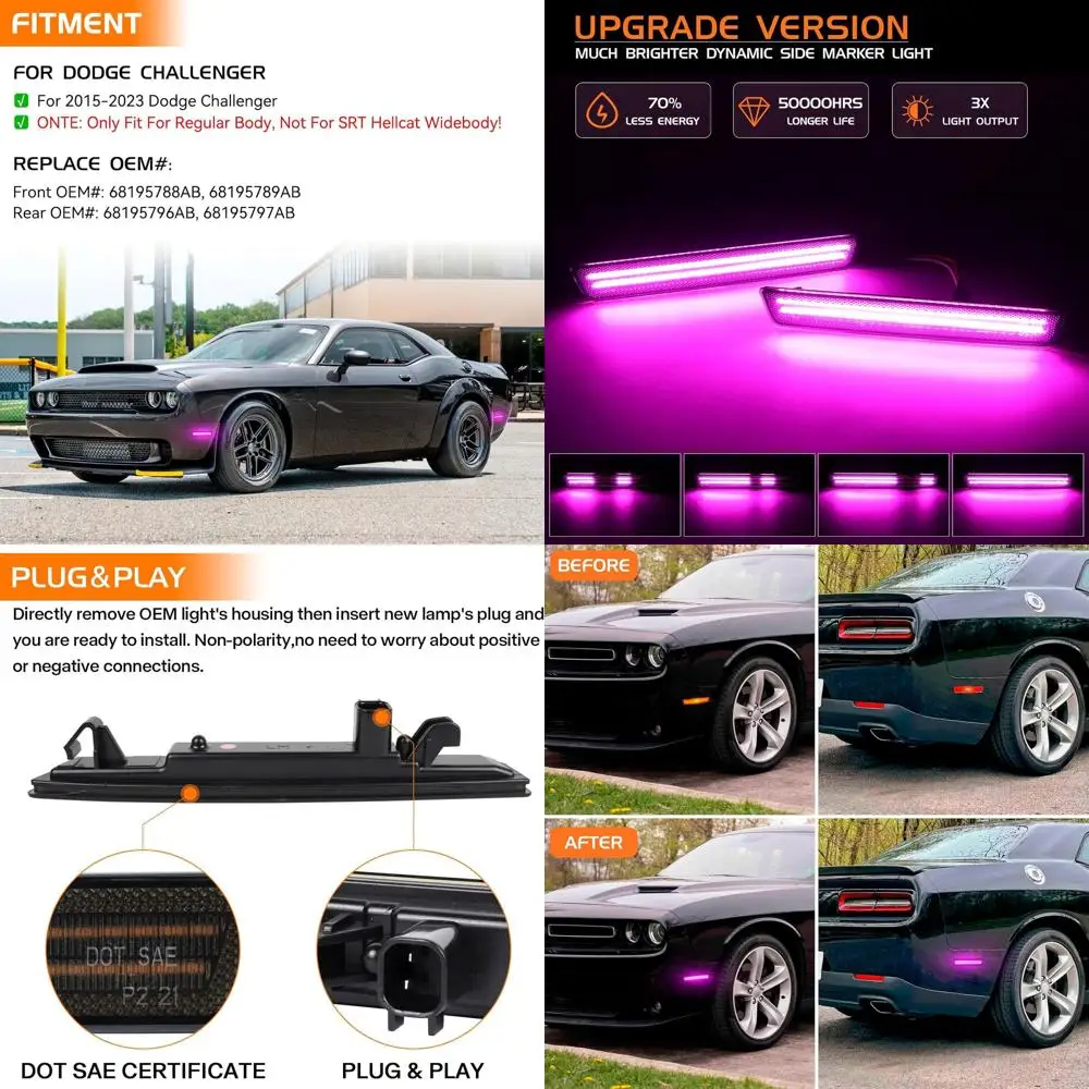

2015-2023 Динамические светодиодные боковые габаритные фонари Dodge Challenger, фиолетовые и розовые, спереди и сзади, дымчатые линзы, 4 шт.