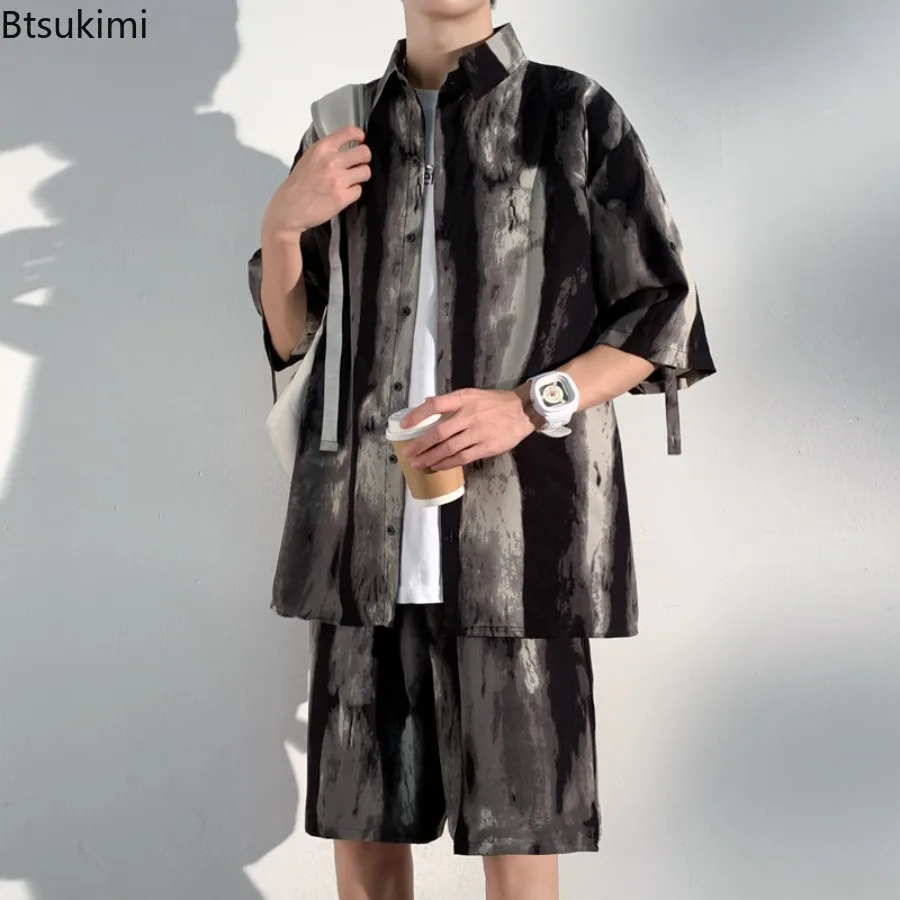 New 2025 Ink Tie Dye Flower Short Sleeved Shirt Men's Summer High-end Shirt Chinese Style Short Sleeved and Shorts Two-piece Set