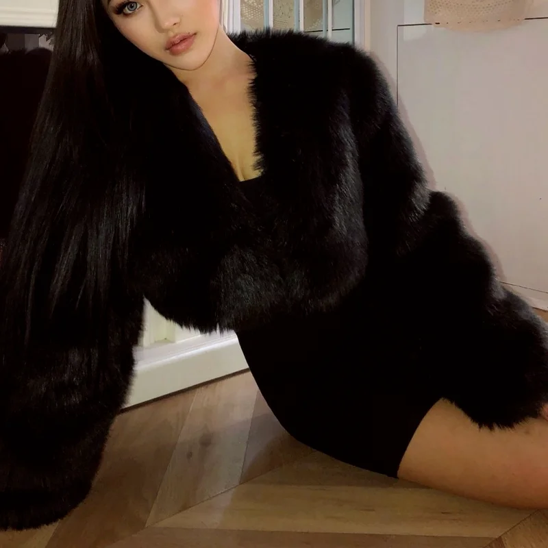 Black Imitation Fox Fur Coat Short Women\'s Winter Coat Thick Warm High Waist Faux Fox Fur Coat Fluffy Coat New Coats Women