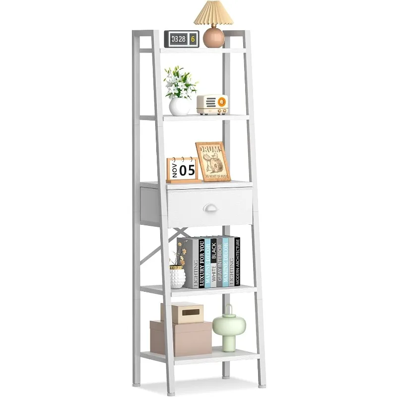 

5 Tier Bookshelf, Ladder Shelf with Drawer, Tall and Narrow Bookcase, Storage Shelves Organizer,Industrial Display