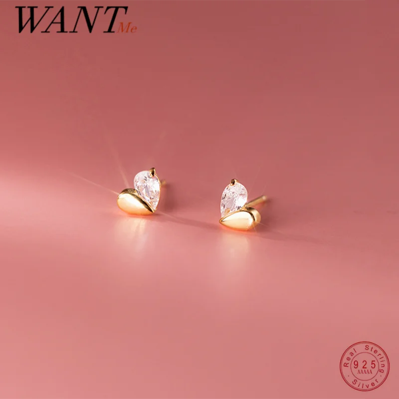 WANTME Pendientes Pequeños de Plata de Ley 925 con Circonita de Lujo, Diseño de Corazón Dulce, Románticos, para Mujer y Adolescente, Joyería Sencilla para Perforaciones