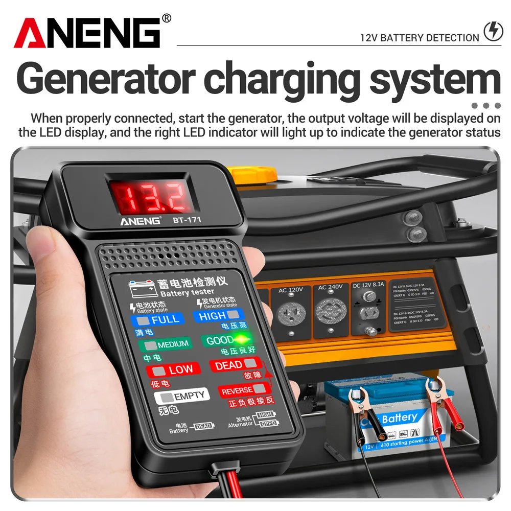 Digital Car Battery Tester 12V Voltage ANENG BT-171 With Alligator Clip Great Bite Force LED Display Screen Auto Repair Industry
