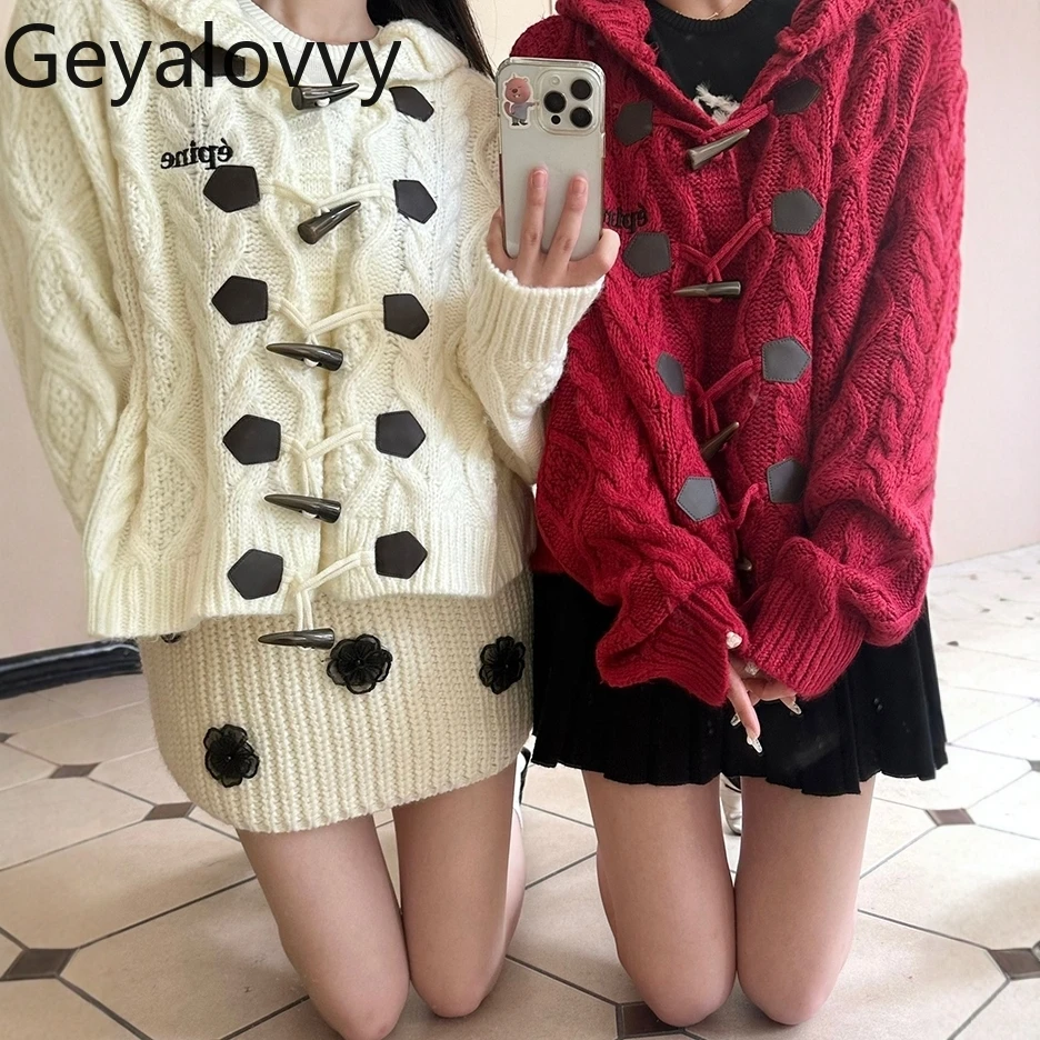 Japanese Style Thick Knit Cable Oversize Hooded Sweater Jacket Casual Horn Button Long Sleeve Women's Sweet Knitted Cardigan