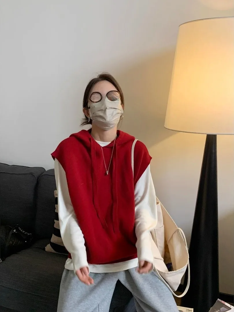 

Large Size Comfortable Hoodie Vest ex Sli Layering Sweater Vest for Autumn Casual American Sle Non-removable Hood