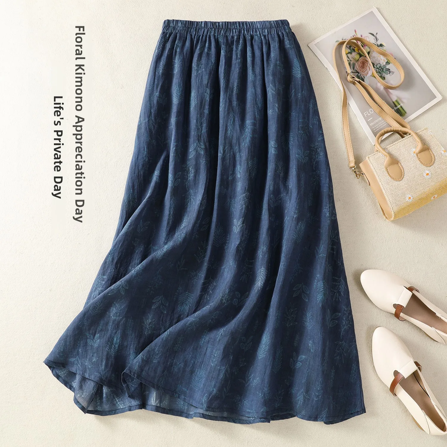 Ele Baumwolle Leinen Druck Rock frauen A-Line Midi Rock Lose Taille Breiten Saum Frühling Sommer Neue Sle Faionable Vielseitig