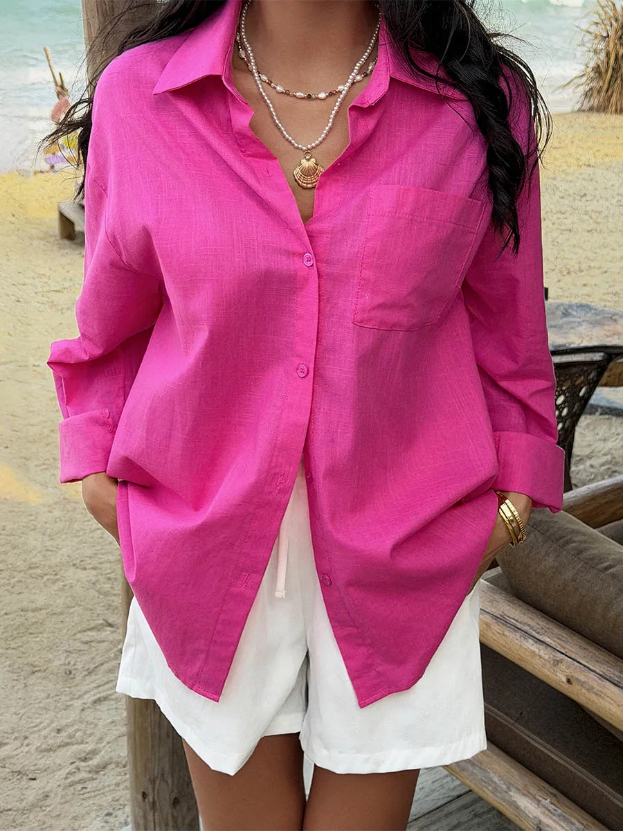 

Modigirl 2026 Women Linen Lapel Blouse Women's Blouses And Shirts Long Sleeves Buttoned Pocket Loose Fit Beach Casual Tops