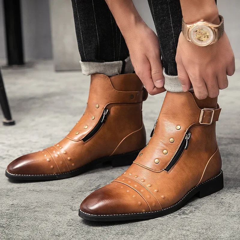 Stivali Chelsea in stile britannico per uomo Ankel Boot stivali da Cowboy retrò scarpe eleganti da lavoro Antumn Bota Masculina scarpe in pelle crosta