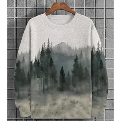 Men's Forest Tree Pattern Hoodie Mountain Plant 3D Printed Pullover Autumn Street Long Sleeve Round Neck Loose Sweater Fashion