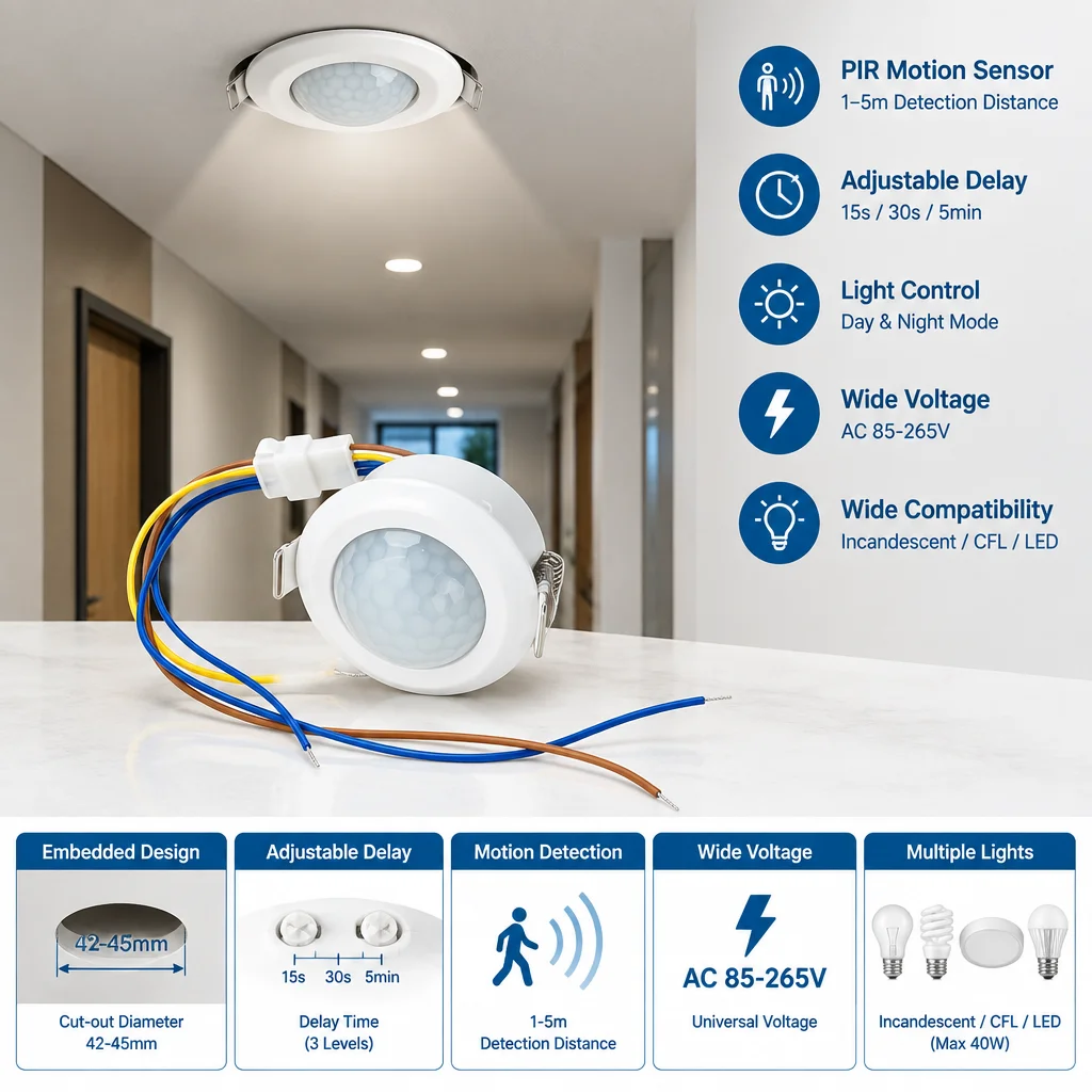 Embedded PIR Motion Sensor Detector Concealed Smart Switch Home Indoor Outdoor Infrared Light AC 85-265V Time Delay Mode Adjust
