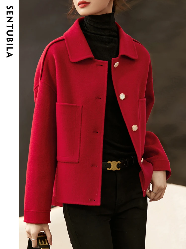 SENTUBILA Winter Wool Blend Coat Women 2024 High Quality Double-faced Patch Pocket Single Breasted Lapel Woolen Coat W24O42042