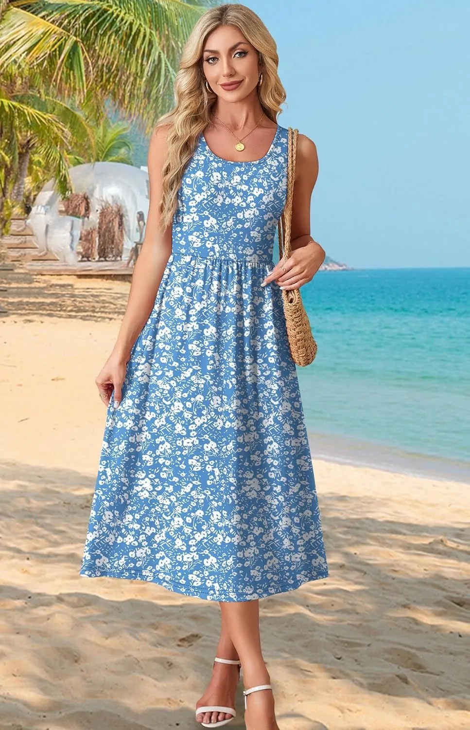 2026 Sommer Neue Kleider für Damen Bedrucktes Lässiges Midikleid Modisches Ärmelloses Rundhals-Strandkleid mit Taschen – Detail 16