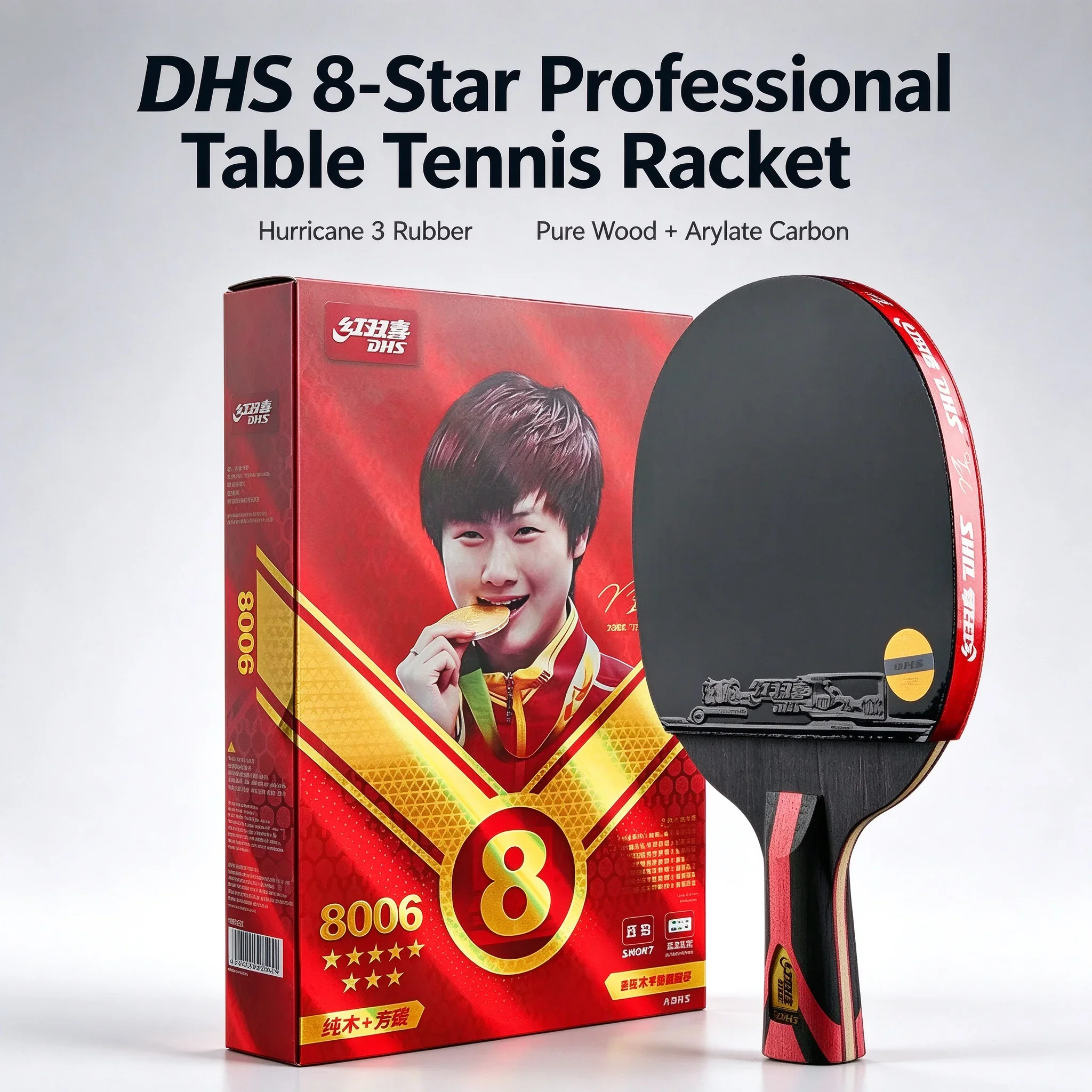 Original DHS 8 Star 8002/8006 Table Tennis Racket Professional 5 Wood 2 Offensive Ping Pong Racket with Hurricane Sticky Rubber
