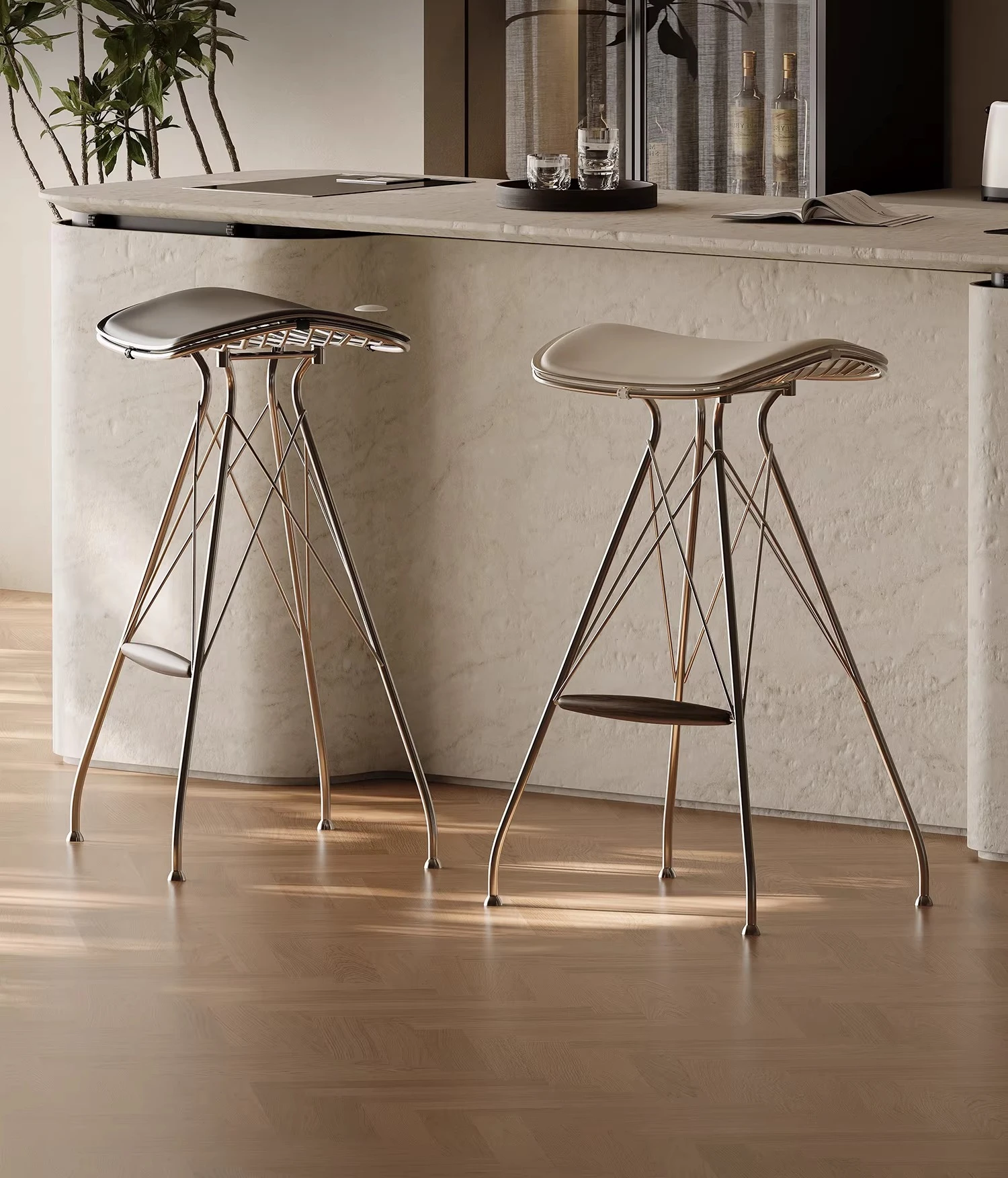 

Italian minimalist bar chair saddle leather high chair home living room stainless steel island chair solid wood bar bar stool