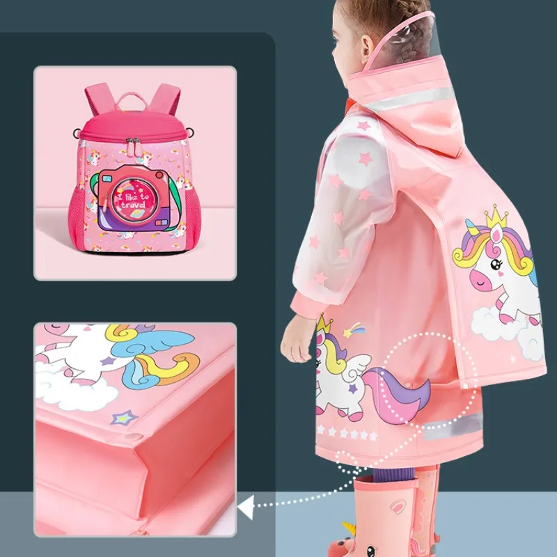 Children\'s Raincoat Cute Unicorn Poncho Rain Coat Jacket With Schoolbag Position Girls\' Outdoor Waterproof Impermeable Rainwear