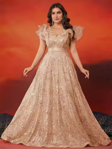 Plus Size Luxury V-Neck Gold Sequins Evening Dress 2025 Women Elegant V-back Wedding Party Long Prom Cocktail Dress Gowns