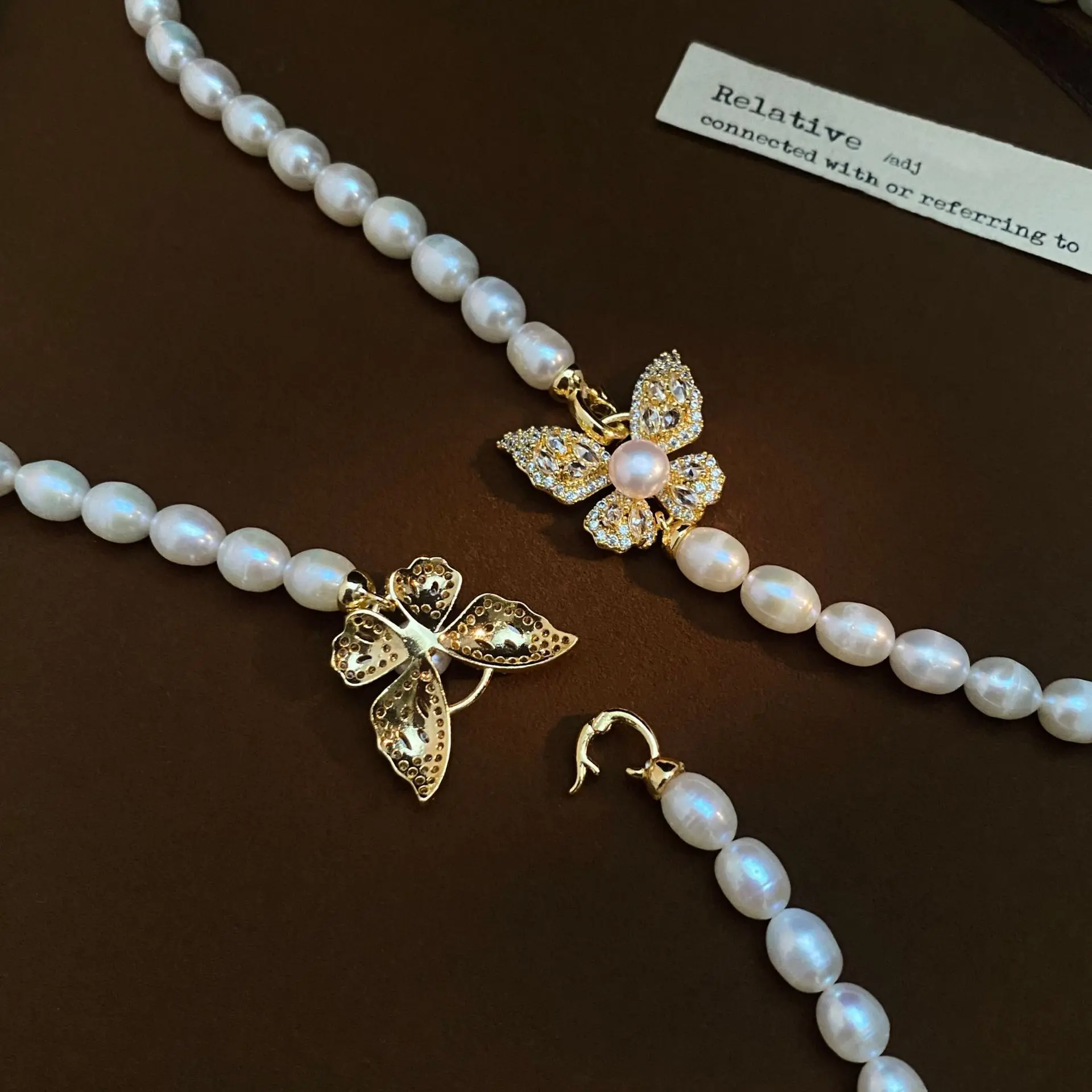 Elegant Butterfly Shiny Crystal Natural Freshwater Pearl 14K Gold Filled Female Choker Necklace Short Chain No Fade Gifts