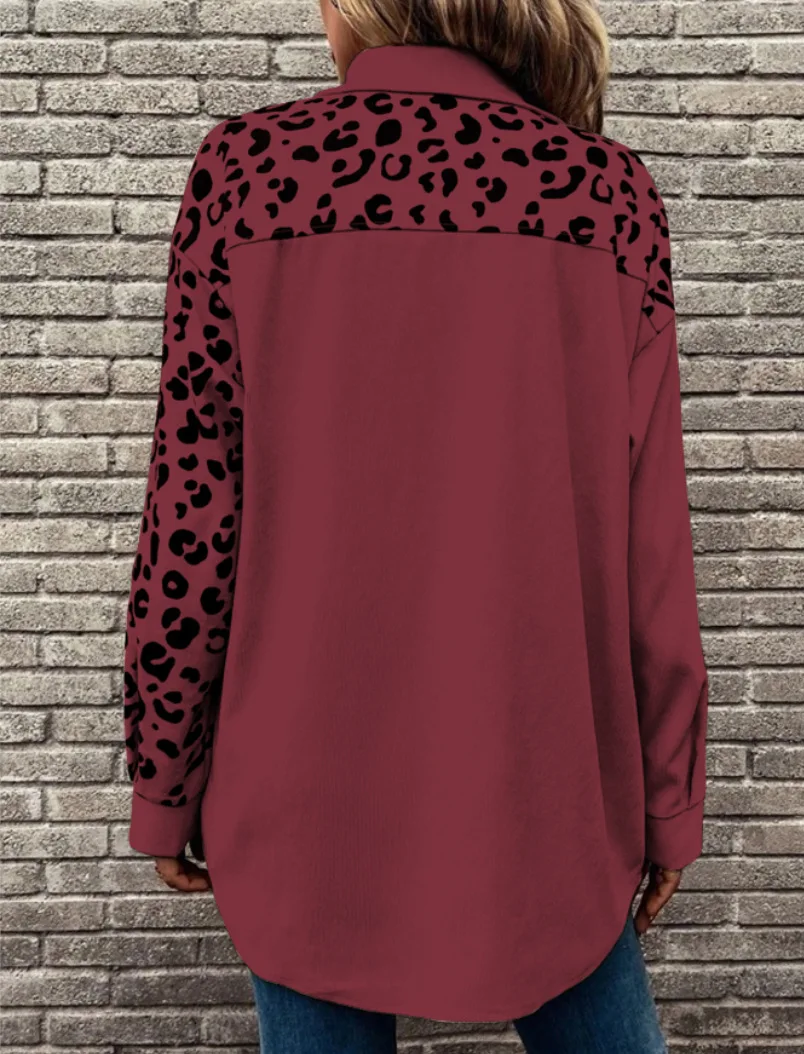 Leopard Patchwork Corduroy Shacket Oversized Long Sleeve Button Front Lapel Collar Shirt Jacket with Decorative Fake Flap