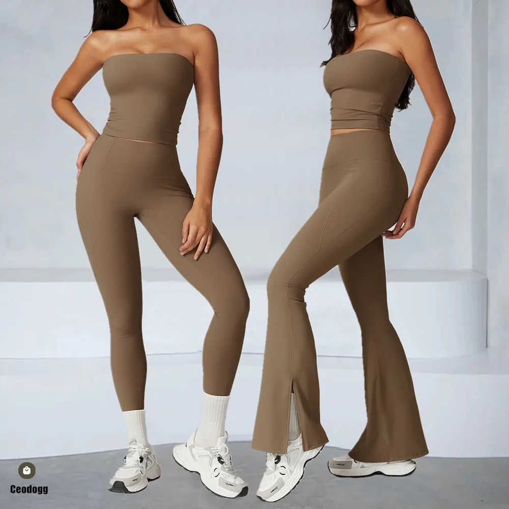 

2PCS Strapless Bra Women Yoga Set Workout Sports Gym High Waist Flare Legging Fitness Pant Active Wear Athletic Suit XP383